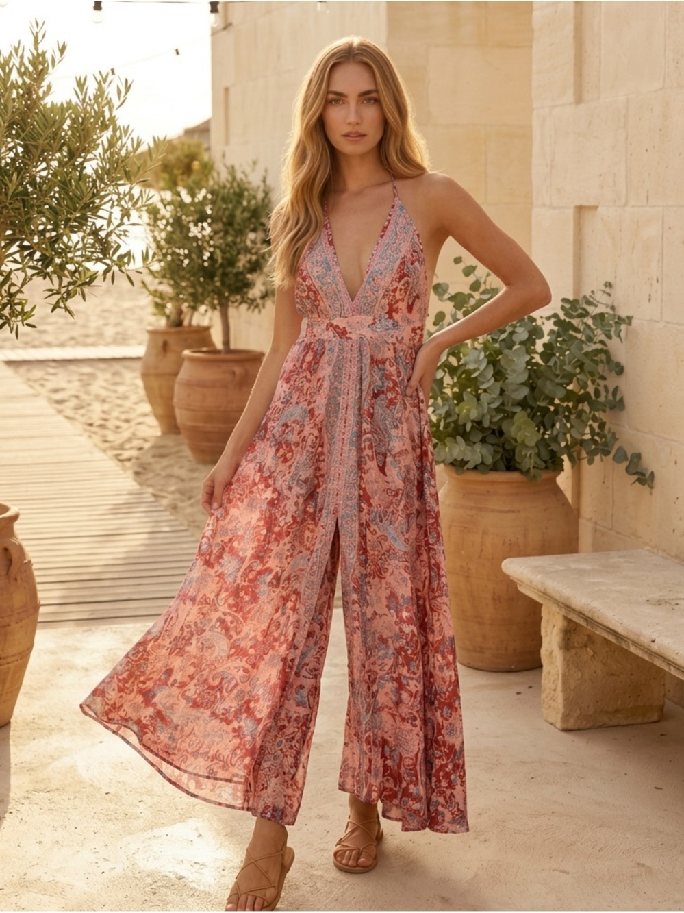 Boho Paisley multi-color Wide-Leg Jumpsuit 

One size fits most